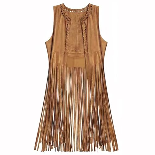 BOSSETY Hippie Kostüm Damen Hippie Weste mit Fransen Damen 60er 70er Jahre Hippie Kostüm Fransenweste Retro Karneval Faschingskostüme Sommer Böhmische Quastenjacke (Braun, M) von BOSSETY