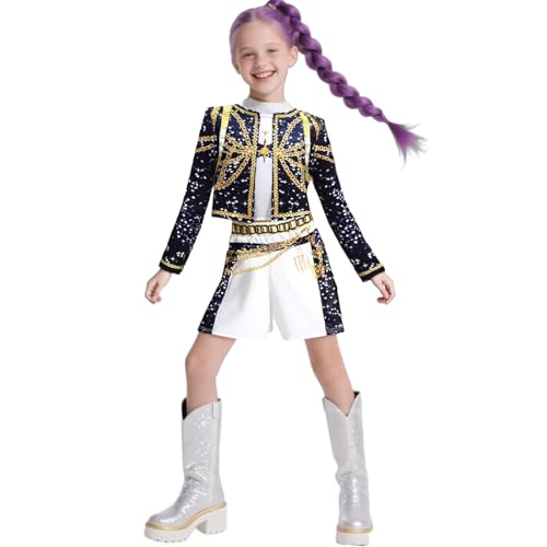 BOSSETY K pop Demon Kostüm Kinder, Rumi Mira Zoey K Pop Cosplay Rollenspiel Uniform Komplettes Set Halloween Party Karneval Outfits für Mädchen (A01-Schwarz, 100) von BOSSETY