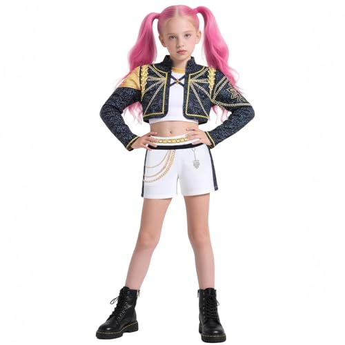BOSSETY K pop Demon Kostüm Kinder, Rumi Mira Zoey K Pop Cosplay Rollenspiel Uniform Komplettes Set Halloween Party Karneval Outfits für Mädchen (A04-Schwarz, 150) von BOSSETY
