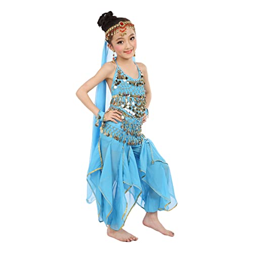 BOTCAM 6 stück Handgemachte Mädchen Bauchtanz Kostüme Bauchtanz Tanz Tuch Bauchtanz Sets Für Mädchen Overall Baby (Sky Blue, 7-10 Years) von BOTCAM