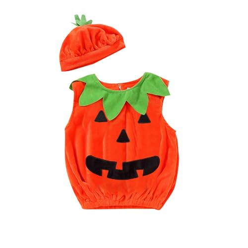 BOTCAM Baby Halloween Kostüm Junge Halloween Kürbis Weiche Fleece Weste Tops Sets Hut 2 STÜCKE Set Kostüme Trikot Kinder Neuer (Orange, 6-12 Months) von BOTCAM