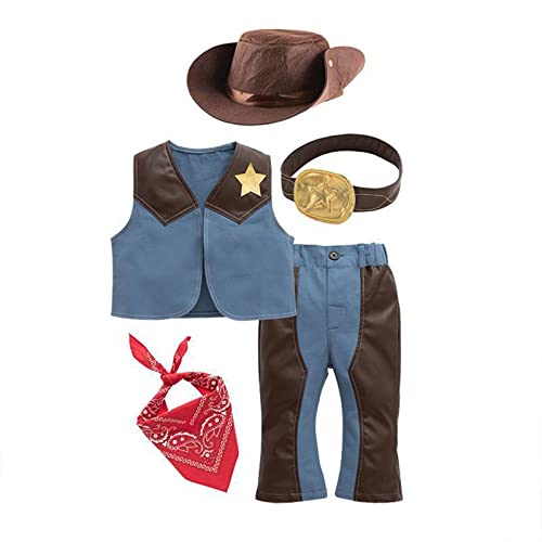BOTCAM Faschingskostüme Baby Junge Western Cowboy Kostüm Für Kinder Kinder Cosplay Weste Hut Schal Hosen Gürtel 5er Set Halloween Party Party Outfit Herren (Blue, 6-12 Months) von BOTCAM