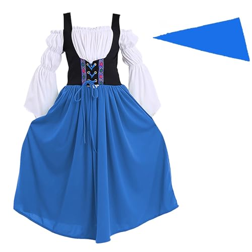 BOTCAM Mädchen Oktoberfest Langarm Trägerlos Lange Kleider Mit Leggings Mädchen (Blue, 8-10 Years) von BOTCAM