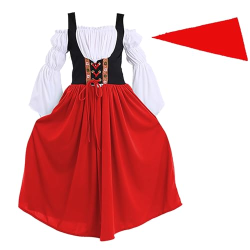 BOTCAM Mädchen Oktoberfest Langarm Trägerlos Lange Kleider Mit Leggings Mädchen (Red, 8-10 Years) von BOTCAM