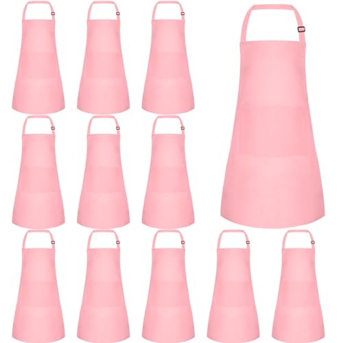 BOUBONI 12 Stück Kinder Schürze mit 2 Taschen Verstellbare Kinderschürze für Jungen Mädchen Kinder Kochschürze Kinder Backschürze für Kochen Backen Malen Basteln Grillen Aktivitäten (Rosa) von BOUBONI