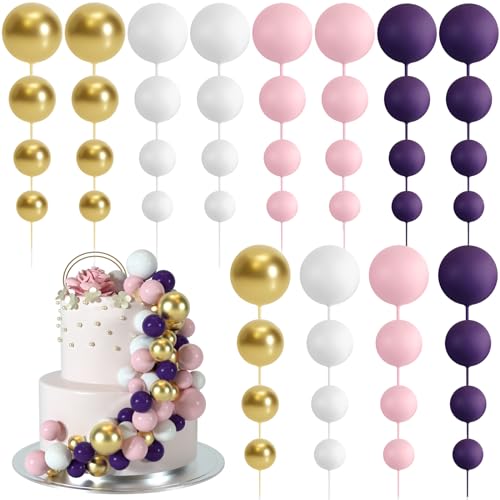 BOUBONI 48 Stück Tortendeko Kugeln Cake Topper Kuchen Kugeln Dekorationen Ballon Cupcake Tortenaufleger für Geburtstag Party Hochzeit Babyparty Kuchendekoration (Rosa, Lila, Weiß, Gold) von BOUBONI
