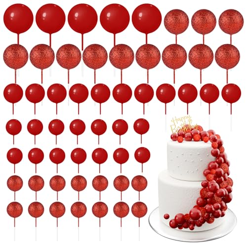 BOUBONI 60 Stück Tortendeko Kugeln Cake Topper Kuchen Kugeln Dekorationen Mini Ballons Tortenaufleger für Torte Dekorieren Geburtstag Party Babyparty (Glitzer Rot) von BOUBONI