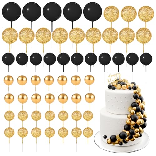 BOUBONI 60 Stück Tortendeko Kugeln Cake Topper Kuchen Kugeln Dekorationen Mini Ballons Tortenaufleger für Torte Dekorieren Geburtstag Party Babyparty (Glitzer Schwarz-Gold) von BOUBONI