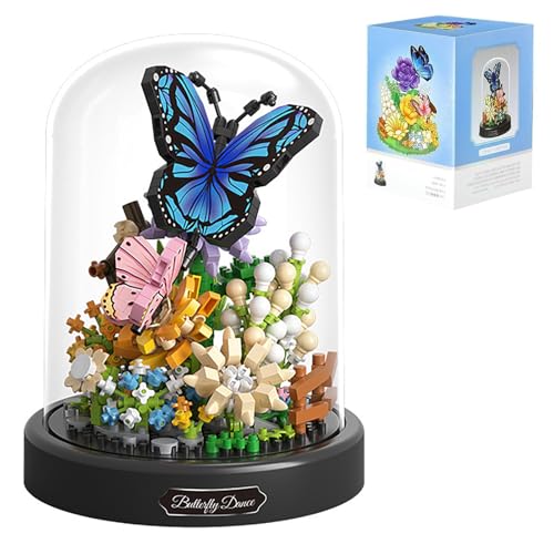 BOUFEIDA Blumen Bausteine Set, Schmetterlings Blumenstrauß Mini Set (530 PCS), Blumen Insekten klemmbausteine, mit Staubdichter Kuppel und Sockel, Geschenke für Kinder und Erwachsene von BOUFEIDA