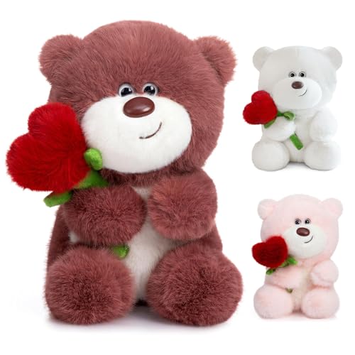 BOUFEIDA Teddybär Kuscheltier, 40cm Teddybär Plüschtier mit Herz Rose, Teddybär Kuscheltier Valentinstag, Teddy Bear Plüsch Weiches Flauschiges für Freundin Kinder Geburtstag, Weihnachten (Rotbraun) von BOUFEIDA