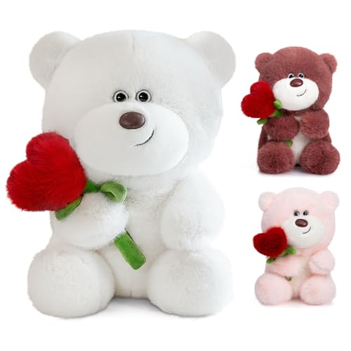 Teddybär Kuscheltier, 40cm Teddybär Plüschtier mit Herz Rose, Teddybär Kuscheltier Valentinstag, Teddy Bear Plüsch Weiches Flauschiges für Freundin Kinder Geburtstag, Weihnachten, Valentinstag (Weiß) von BOUFEIDA