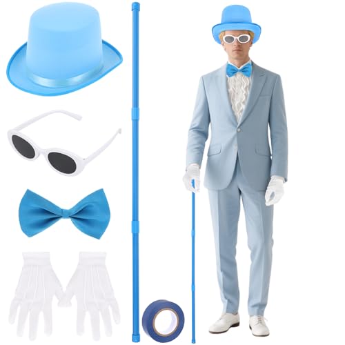 5-teiliges Halloween-Kostüm für Erwachsene, blau, mit Zylinder, Fliege, Brille, Handschuhe und gespleißtem Gehstock für Halloween, Cosplay-Party (blau) von BOUTICOL