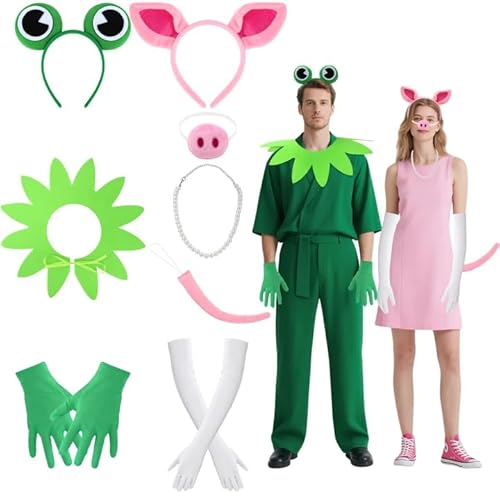 8-teiliges Frosch- und Schweine-Kostüm, inklusive männlichem Frosch-Stirnband, Schal, grünen Handschuhen und weiblichem Schweine-Stirnband, Fliege, Schwanz, Perlenkette, weiße Handschuhe für Halloween von BOUTICOL