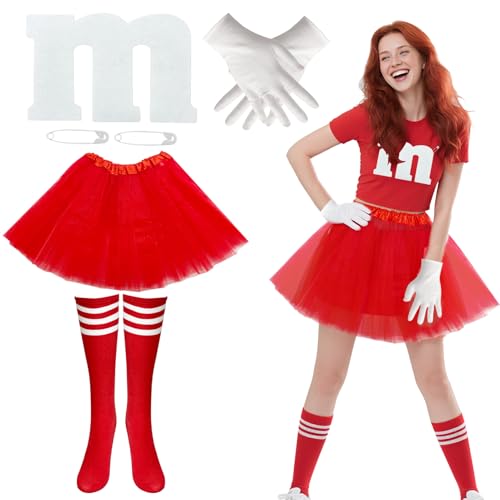 BOUTICOL 7-teiliges Halloween-Kostüm mit Filz-Buchstabe M, Nadel-Handschuhe, Tutu, Röcke, Socken für Halloween, Cosplay, Party, Rot von BOUTICOL