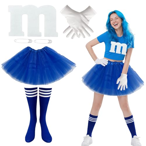 BOUTICOL 7-teiliges Halloween-Kostüm mit Filz-Buchstabe M, Nadel-Handschuhe, Tutu, Röcke, Socken für Halloween, Cosplay, Party (blau) von BOUTICOL