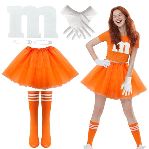 BOUTICOL 7-teiliges Halloween-Kostüm mit Filz-Buchstabe M, Nadel-Handschuhe, Tutu, Röcke, Socken für Halloween, Cosplay-Party, Orange/Abendrot im Zickzackmuster (Sunset Chevron), L von BOUTICOL
