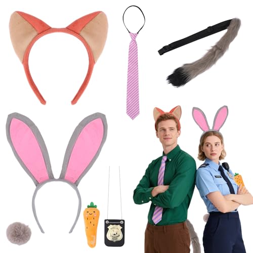 Halloween-Kostüm, Fuchs- und Kaninchenpaar, inklusive Stirnband, Schwanz, Plüsch-Karotte, Krawatte und Polizei-Abzeichen für Männer und Frauen, Cosplay, 8 Stück Halloween-Kostüm, Fuchs- und Kaninchenpaar, inklusive Stirnband, Schwanz, Plüsch-Karotte, Krawatte und Polizei-Abzeichen für Männer und Frauen, Cosplay, 8 Stück von BOUTICOL