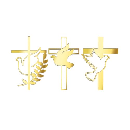 3 Stück Spiegel-Acryl-Kuchenaufsatz mit goldenem Tauben-Kreuz-Kuchenaufsatz für Taufe, Erste Dekorationen, religiöse Torten, Kommunionskuchen von BOWTONG