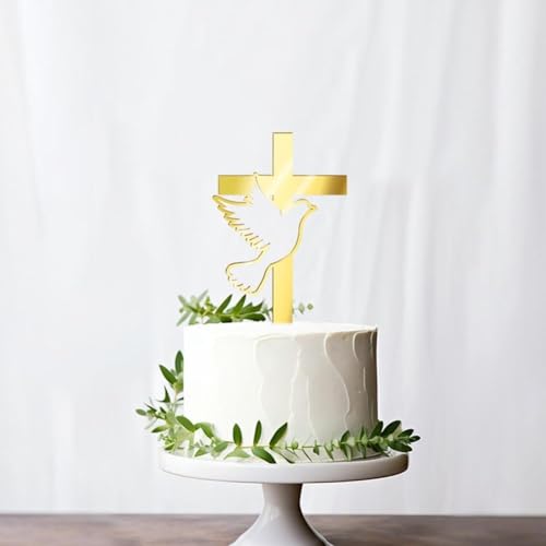 3 Stück Spiegel-Acryl-Kuchenaufsatz mit goldenem Tauben-Kreuz-Kuchenaufsatz für Taufe, Erste Kuchen, religiöse Kommunion, Kuchendekoration von BOWTONG
