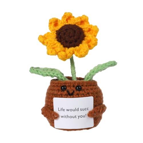 10x5cm Positive Sonnenblume Gehäkelt, Handgemachtes Positives Strickspielzeug mit Ermutigungskarte Sonnenblumen Blumentopf Geschenk Lustige Positive Lebens Häkelpuppe für Schreibtisch Geburtstag von BOXOB
