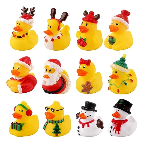 12 Stück Weihnachts Gummienten, Niedliche Sortierte Gummienten für Kinder Badeenten Badespielzeug Weihnachtsenten Dekorationen für Weihnachtsfeier Strumpffüller Babyparty (ca. 5cm) von BOXOB