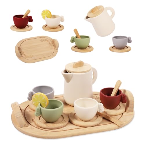 13stk Teeservice aus Holz für Kinder, Spielküchenzubehör Rollenspiel-Teeparty-Set Holzspielzeug Teeservice für Kinder Jungen Mädchen Geschenk von BOXOB