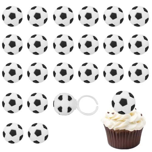 24 Stück 3D Fußball Cupcake Topper Ringe, Tortenaufsatz mit Sportmotiven Partyringe mit Offenem Ende Partyzubehör Fußball für Geburtstag Donuts Muffins Dekoration von BOXOB