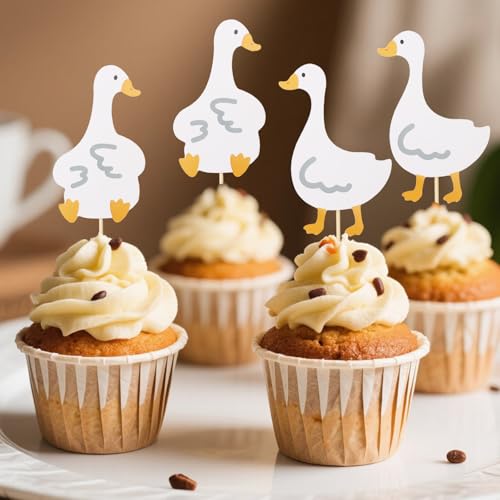 24 Stück Alberne Gänse Cupcake Topper, 2 Stile Süße Weiße Gänse Geburtstagskuchen Dekorationen für Kindergeburtstagsparty Zubehör Babyparty Tierthema Kuchendekorationen von BOXOB