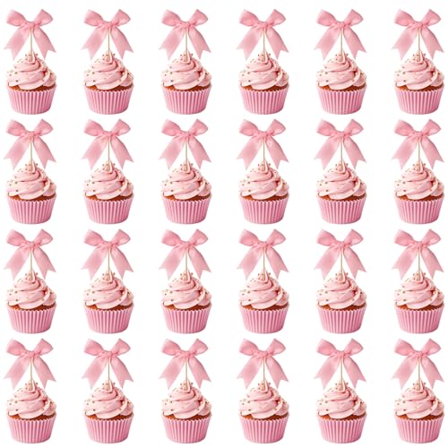 24 Stück Cupcake Topper Schleifen, Kuchen Topper mit Schleife Süßes Polyester Satinband mit Schleife Cupcake Spieße Geburtstag DIY Dessert Kuchendekoration für Coquette Mottoparty (Rosa) von BOXOB