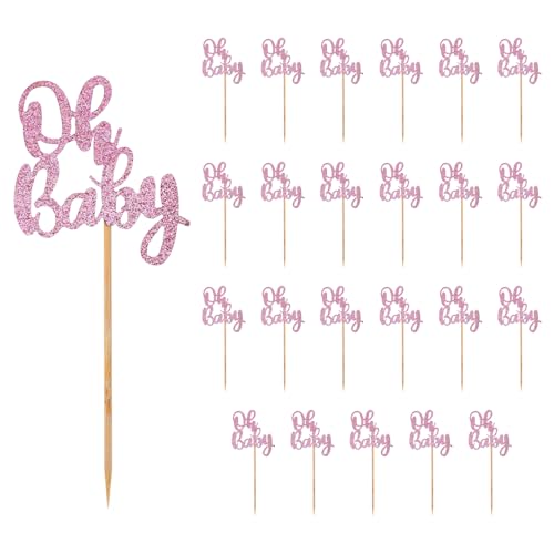 24st Oh Baby Cupcake Topper, Glitzer Kuchen Topper Oh Baby Partydekorationen Süß Cupcake Picker Dekoration Partyzubehör für Hochzeits- Geburtstags- und Babyparty-Dekor (Rosa) von BOXOB