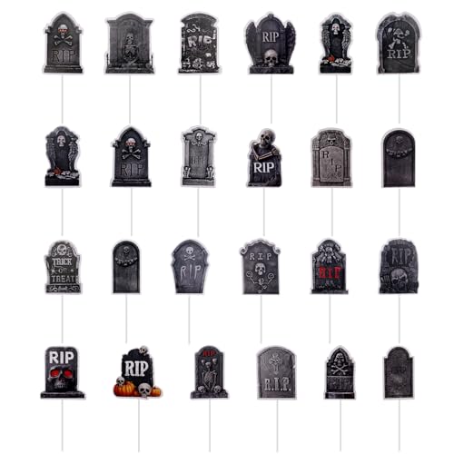 24stk Halloween Cupcake Deko, Gruselige Grabstein Cupcake Verzierungen RIP Friedhof Kuchen Deko Essensspieße für Halloween Party Zubehör Dessert Dekorationen von BOXOB