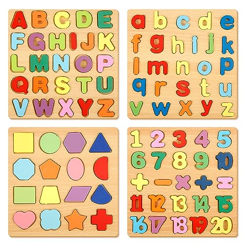 4stk Holzpuzzles für Kleinkinder, 4-in-1 Montessori Puzzle Bunt Alphabet-Zahlenformen-Puzzles Holzpuzzle Set für Jungen und Mädchen im Alter von 3-5 Jahren von BOXOB