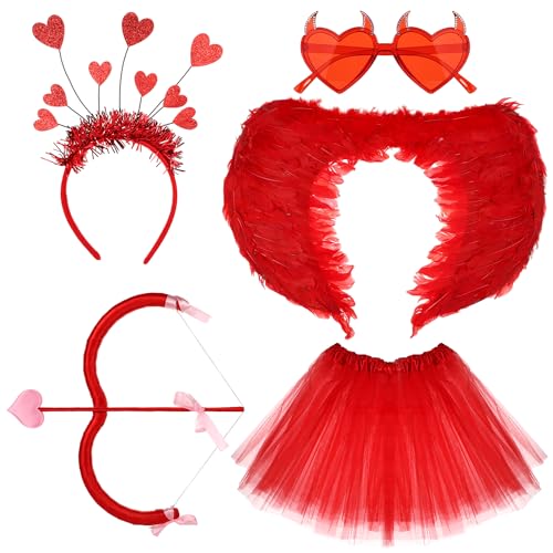 6stk Valentinstag-Kostüm für Amor, Kostümzubehör Einschließlich Federflügel Pfeil und Bogen des Amors Tutu Herz-Stirnband Sonnenbrille für Mädchen und Frauen Valentinstag Cosplay (Rot) von BOXOB