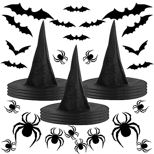 BOXOB 12St Halloween Hexenhüte, mit 12St Fledermaus und 12St Spinnendekorationen, Faltbar Hexenhut Schwarz, Cosplay Hexenhut für Halloween Party (Schwarz) von BOXOB