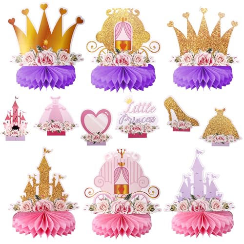 BOXOB 12stk Prinzessinnen-Waben-Mittelstücke, Blumenkrone Schloss High Heels Kutsche Prinzessinnen-Mittelstücke Tischaufsätze Perfekte Dekorationen und Partygeschenke für Geburtstags-Mottopartys von BOXOB