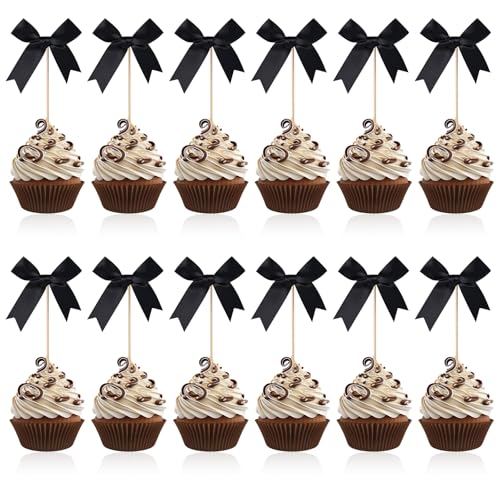 BOXOB 12stk Schwarze Cupcake Deko Schleifen, Kuchen Topper Schleife Coquette Cupcake-Stäbchen mit Schleife Motto-Party-Dekorationen für Babyparty Hochzeit Junggesellinnenabschied Jubiläum Dekor BOXOB 12stk Schwarze Cupcake Deko Schleifen, Kuchen Topper Schleife Coquette Cupcake-Stäbchen mit Schleife Motto-Party-Dekorationen für Babyparty Hochzeit Junggesellinnenabschied Jubiläum Dekor von BOXOB