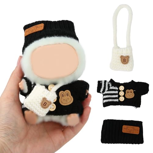 BOXOB 17cm & 10cm Puppen Zubehör und Kleidungs Set, 3stk Gestricktes Puppens Outfit mit Häkel Tasche und Schwarzem Häkel Hut Süßes Bären Thema Kleidung für Puppen Sammler & Fans von BOXOB