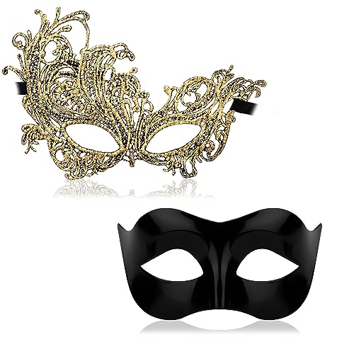 BOXOB 2 Stück Maskerade Maske, Maskerade Maske Damen Spitzenmaskerademaske und Kunststoff-Frauenmaskerademaske für Karneval in Venedig Halloween-Kostüm (Gold) von BOXOB