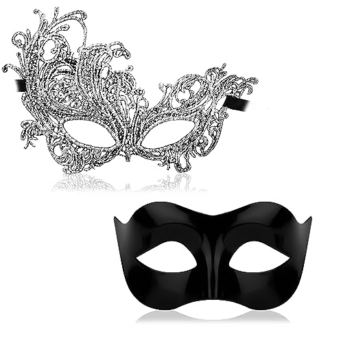 BOXOB 2 Stück Maskerade Maske, Maskerade Maske Damen Spitzenmaskerademaske und Kunststoff-Frauenmaskerademaske für Karneval in Venedig Halloween-Kostüm (Silber) von BOXOB