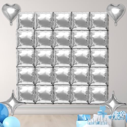 BOXOB 29stk Metallisch Silber Herz Stern Quadrat Folienballon Wand Hintergrund, Beidseitiges Ballonbogen Tunnel für Jungen Mädchen Geburtstag Jubiläum Hochzeit Party Hintergrunddekorationen von BOXOB