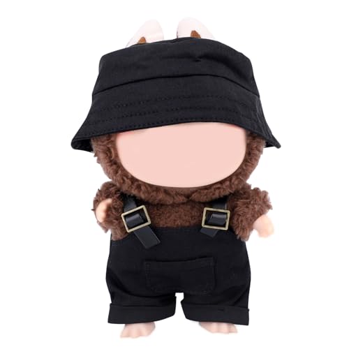BOXOB 2stk Puppenkleidung-Set, Cooles Plüsch-Outfit & Zubehör für 15cm/17cm Puppen Enthält Stylische Latzhose & Eimerhut Moderne Spielzeugkleidung Zum Ausstellen Spielen (Schwarz) von BOXOB