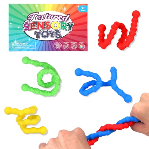 BOXOB 4 Stück Sensorische Autismus Spielzeuge für Kinder, Strukturierte Dehnbare Fidget Schnurspielzeuge Bunte Stäbe für Ruhige Belohnungen Klassenzimmer und Schulbildung von BOXOB