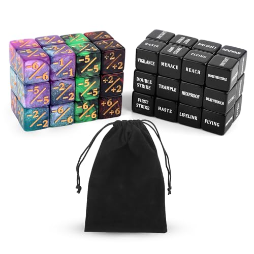BOXOB 48stk Fähigkeiten-Schlüsselwörter-Zählwürfel, Kreaturenstatistik-Buff Loyalitätswürfel-Token Magic Life-Zähler für MTG TCG Kartenspielzubehör mit Samtbeutel (4 Farben) von BOXOB