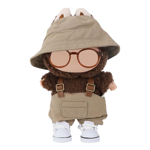 BOXOB 4stk 15cm/17cm Puppenkleidung-Set, Enthält Leinenschuhe Latzhose Eimerhut & Brille Modisch Plüschpuppen-Outfit & Zubehör (Khaki) von BOXOB