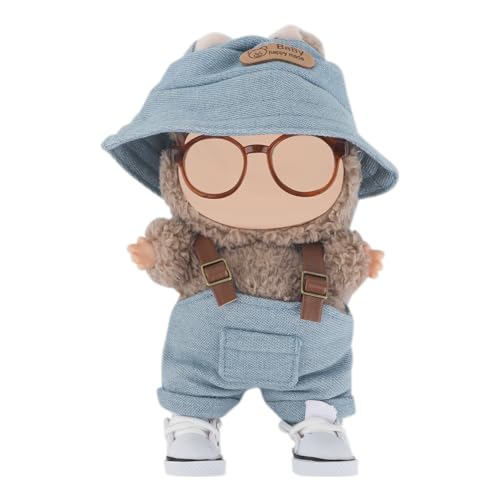 BOXOB 4stk 15cm/17cm Puppenkleidung-Set, Niedlich Plüschpuppen-Outfit & Zubehör Enthält Latzhose Eimerhut Brille & Leinenschuhe (Blau) von BOXOB