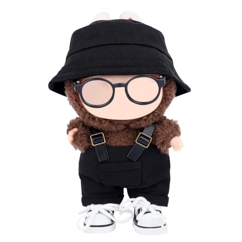 BOXOB 4stk Puppenkleidung-Set, Stilvoll Eimerhut Latzhose Schuhe & Brille Komplettes Outfit-Set für 15cm/17cm Plüschpuppen-Zubehör (Schwarz) von BOXOB
