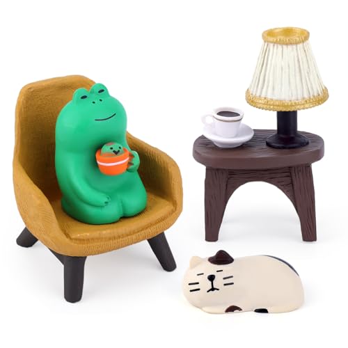 BOXOB 4stk Teilige Mini-Frosch- und Katzenstatue, Miniatur-Froschstatue aus Kunstharz mit Katze Sofa Teetisch Niedliche Schmuckstücke aus Kunstharz für Schreibtischzubehör Innenornamente von BOXOB