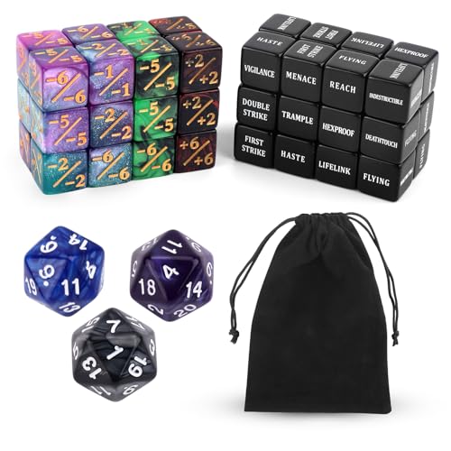BOXOB 51stk Fähigkeiten-Schlüsselwörter-Zählwürfel, MTG-Kreaturenstatistik-Buff D20-Loyalitätswürfel-Token Großpackung Magic Life-Zähler Geschenke für TCG Kartenspielzubehör mit Samtbeutel(4 Farben) von BOXOB