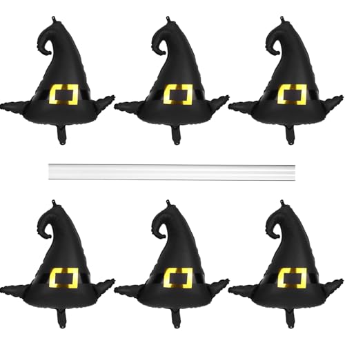 BOXOB 6 Stück Halloween-Hut-Luftballons, Magische Hexen-Party-Dekoration Zum Aufhängen Schwarzer Hexenhut-Ballon aus Aluminiumfolie mit Stroh für Partyzubehör zum Thema Halloween von BOXOB