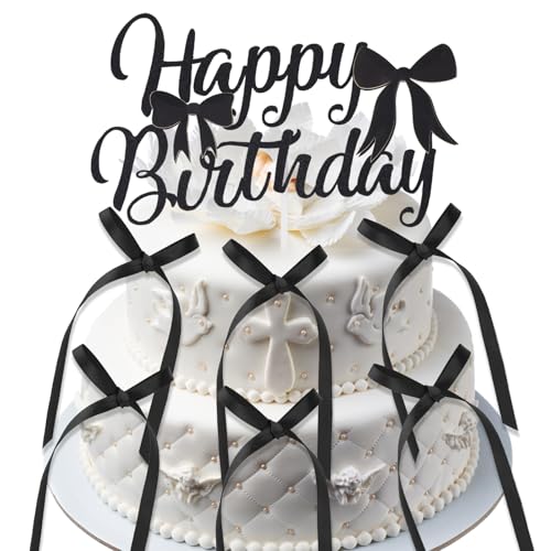 BOXOB 6 Stück Schleifen-Kuchenaufsatz mit Happy Birthday-Schild, Schwarz Kuchendekoration mit Schleife Coquette Geburtstagsparty Dekorationen für Hochzeit Jahrestag Babyparty BOXOB 6 Stück Schleifen-Kuchenaufsatz mit Happy Birthday-Schild, Schwarz Kuchendekoration mit Schleife Coquette Geburtstagsparty Dekorationen für Hochzeit Jahrestag Babyparty von BOXOB